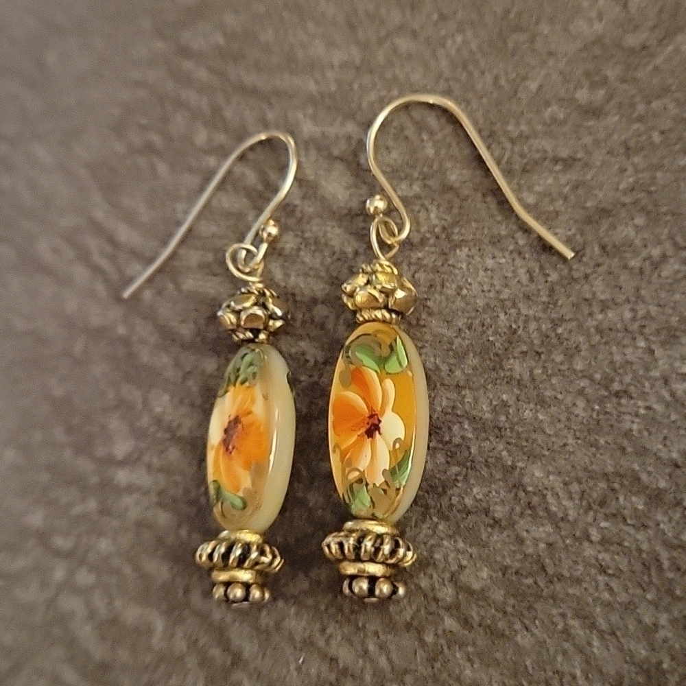 HANDMADE Romantic Handpainted Floral Beaded Dangle Hook Earrings - Picture 3 of 4